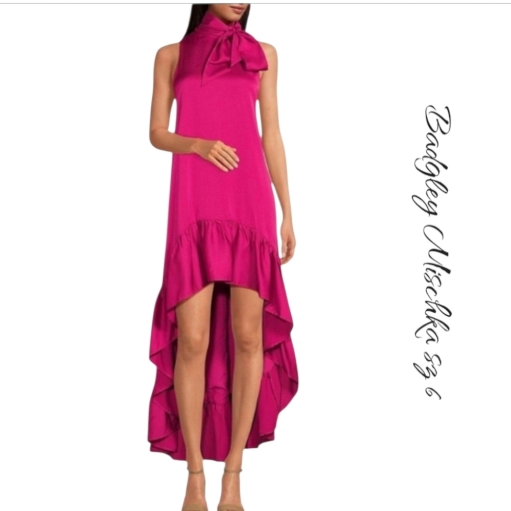 NWT Belle Badgley Mischka Harper Satin Mock Neck High Low Dress Pink 6
